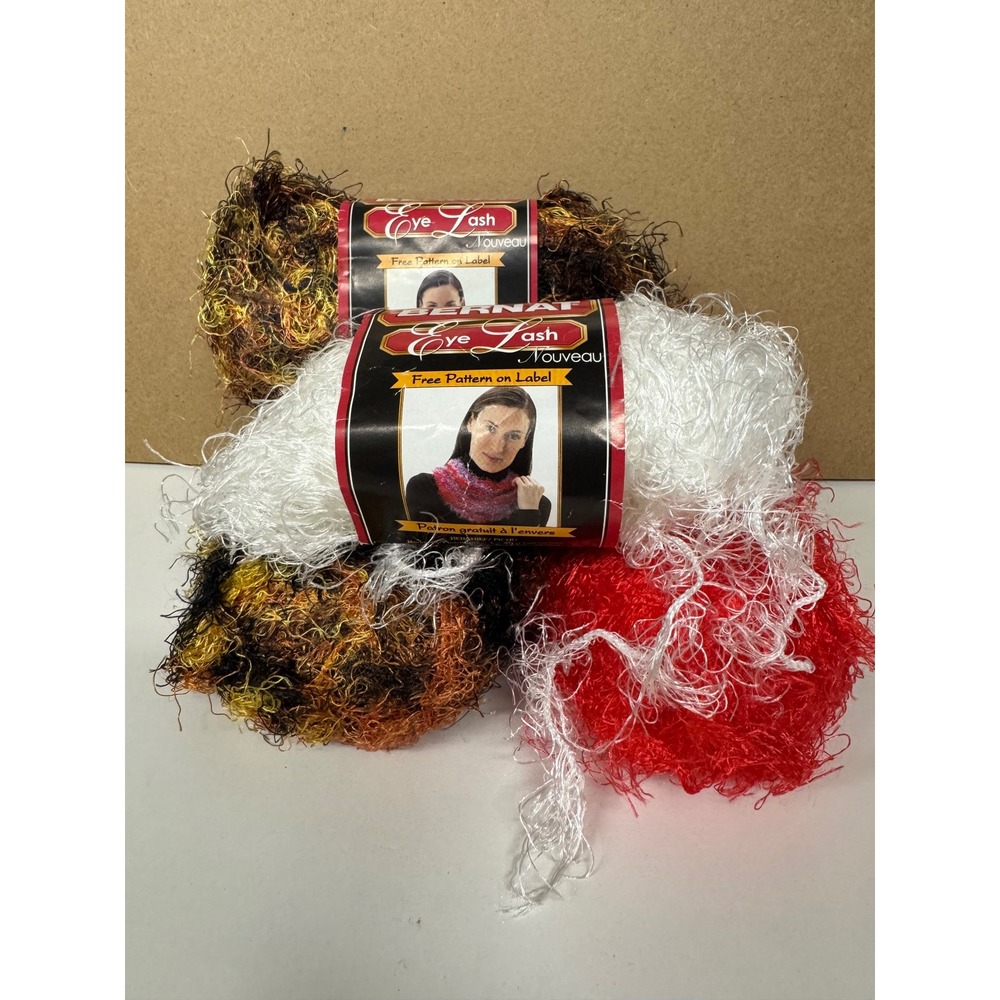 Bernat Eye Lash Nouveau Yarn Lot 4 Skeins Wild White Lipstick Red Nylon Fuzzy
